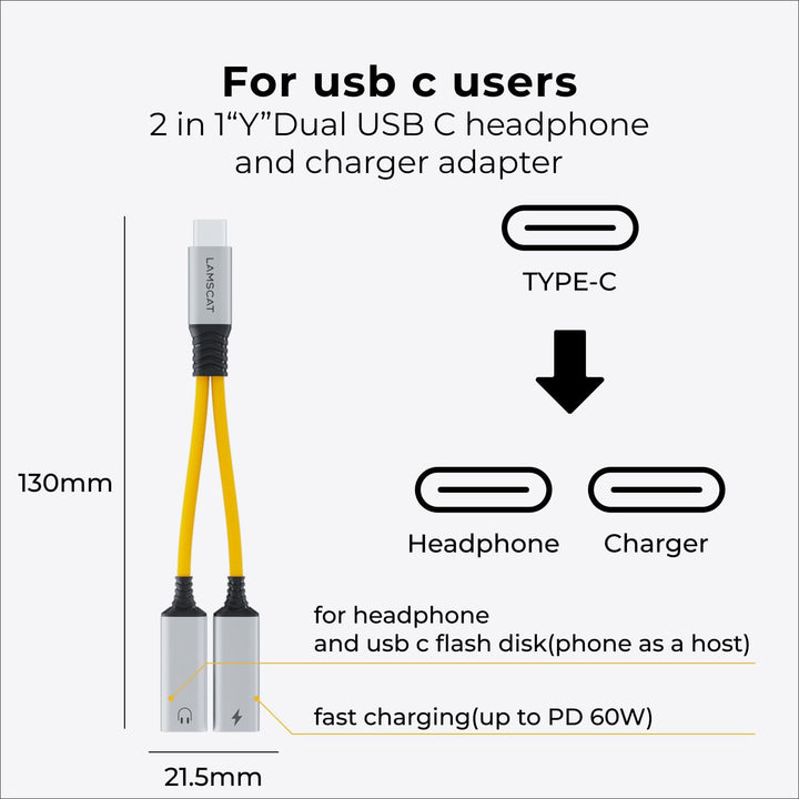 USB C Splitter 1 zu 2 C auf C Klinke Adapter und Laden Stecker Y Doppel Anschluss Hub für Handy, Mac
