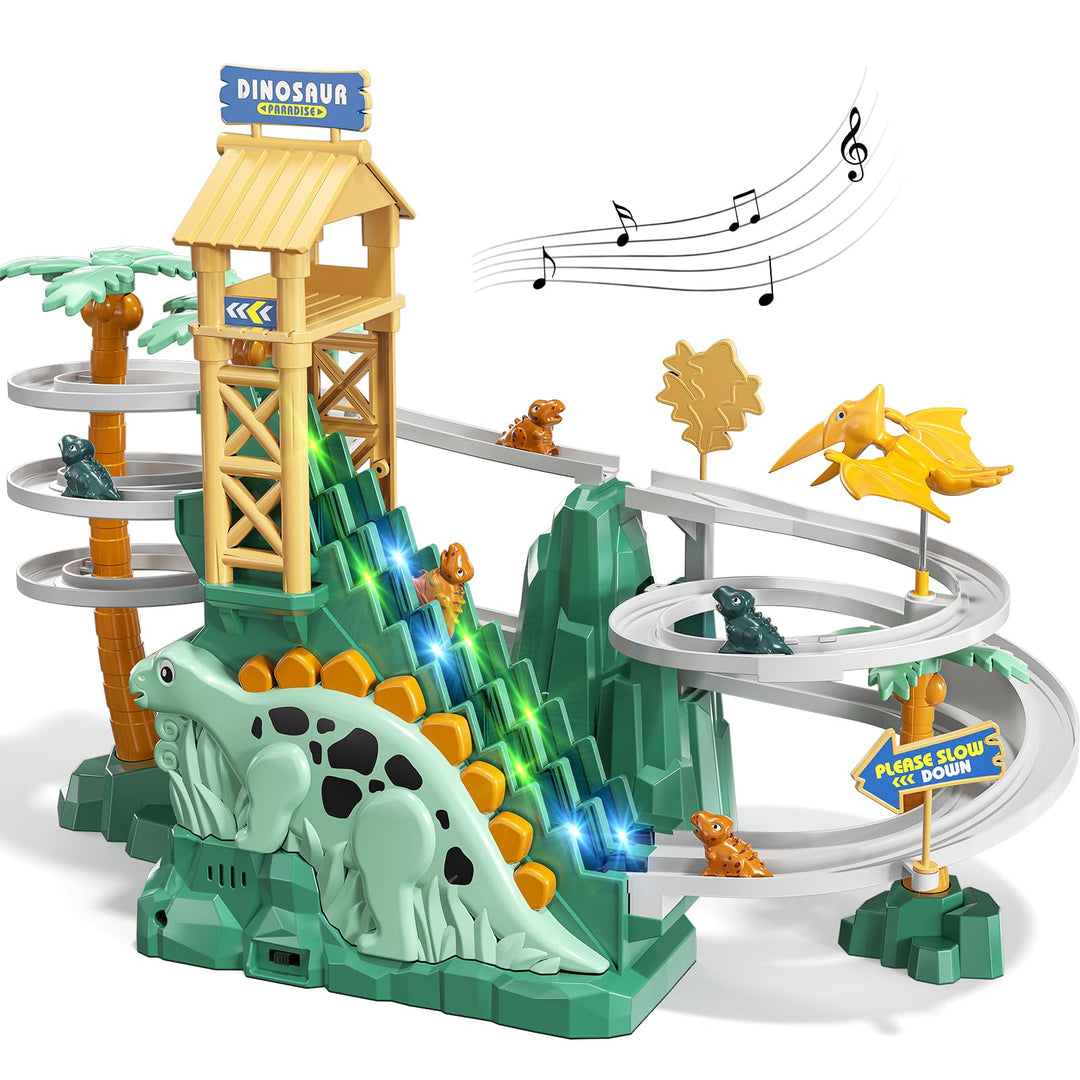 JUKUDAHU Dinosaurier Rennstrecke Spielzeug für Kinder 3-8 Jahre | Kletterrutsche Treppen Spielset, A
