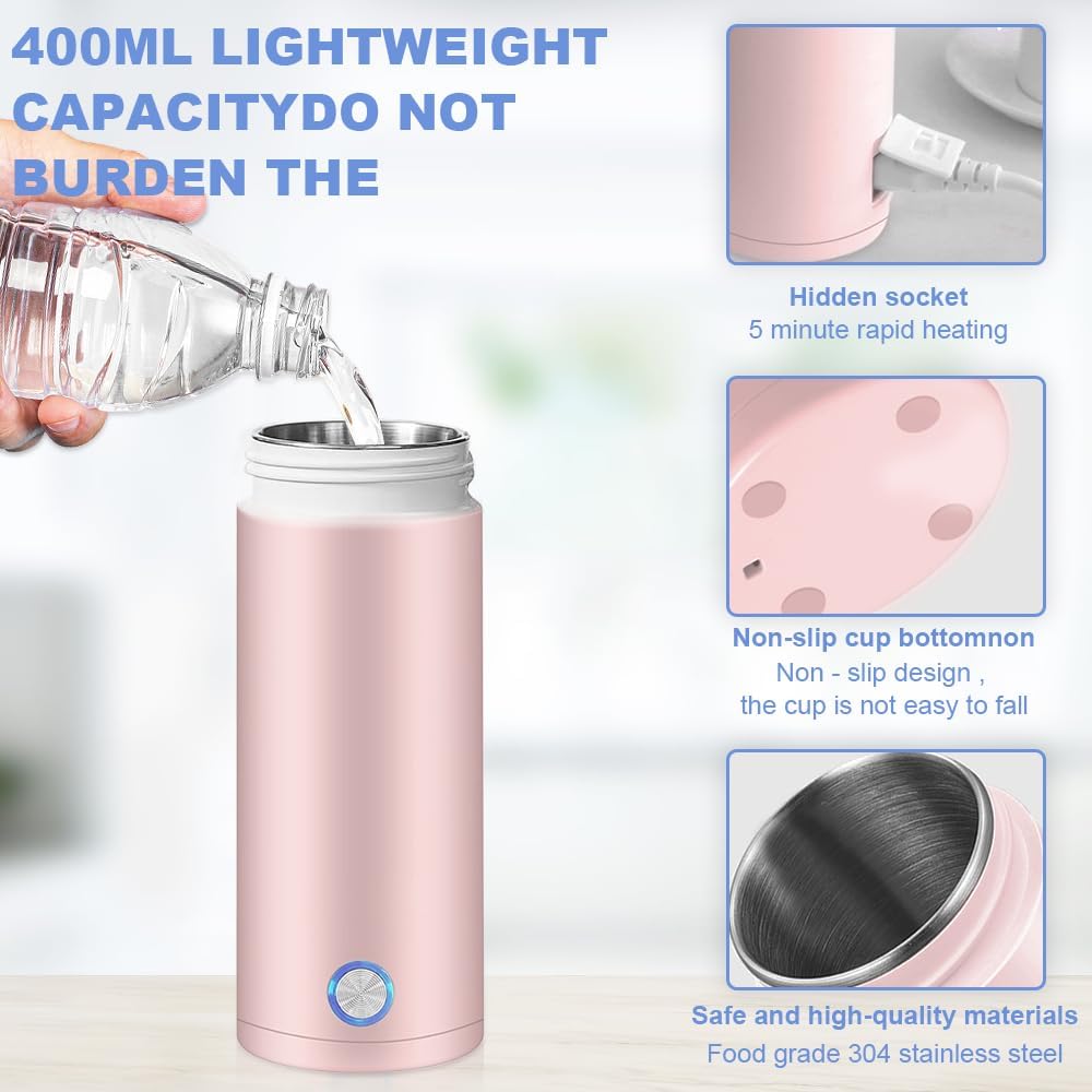 Aoreun Kleiner Tragbarer Wasserkocher, 400ml Tragbarer Elektrischer Wasserkocher, Mini Thermoskanne