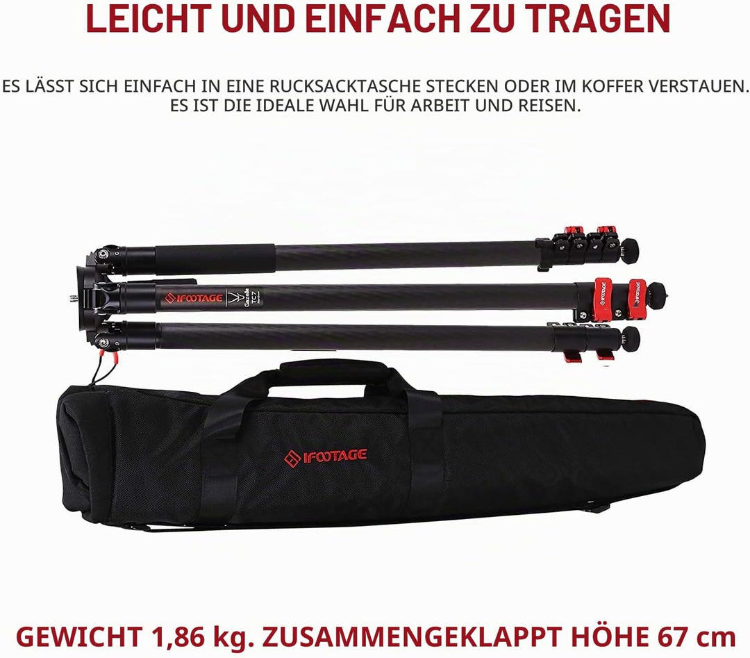 IFOOTAGE Gazelle TC7 61"/155 cm Kamera Stativ,Kohlefaser Videostativ,3 Abschnitte mit Mittelstange,