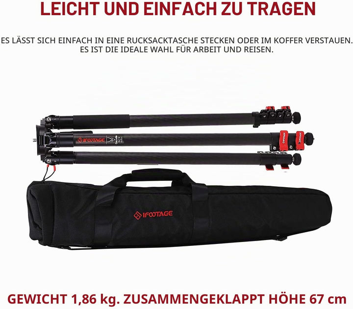 IFOOTAGE Gazelle TC7 61"/155 cm Kamera Stativ,Kohlefaser Videostativ,3 Abschnitte mit Mittelstange,