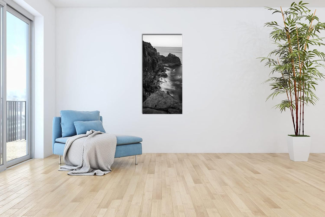 felsiger Abgrund ins Meer Panorama 100x50 cm Effekt: Schwarz/Weiss als Leinwandbild, Motiv fertig ge