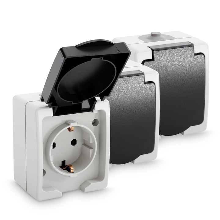 greate 3x Aufputz Steckdose 1fach für Feuchtraum - AP Steckdose mit Klappdeckel IP44, 250V, 16A, 2 p