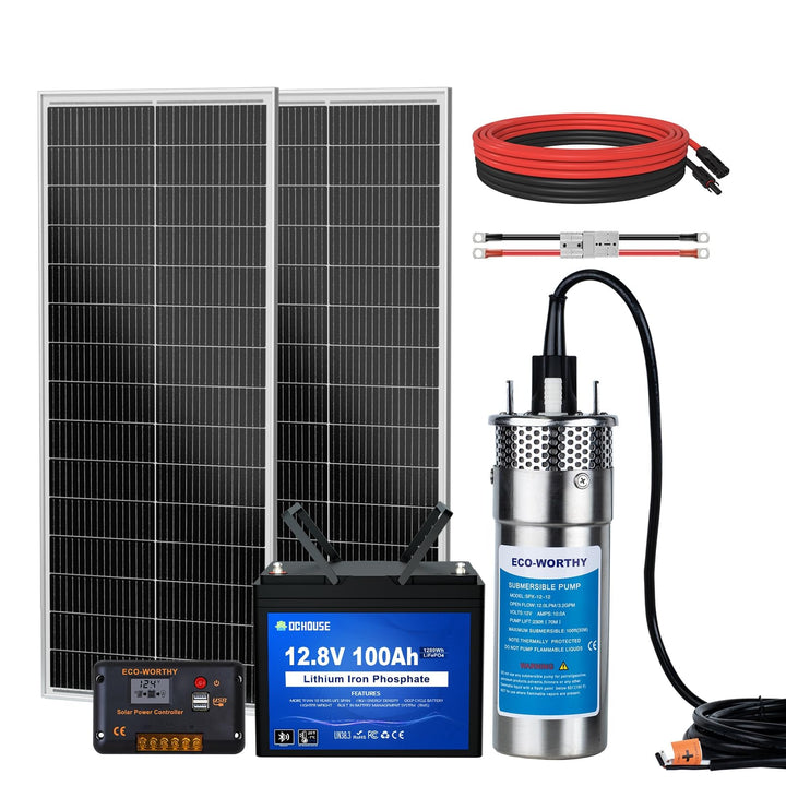 DCHOUSE Tiefbrunnen Wasserpumpenset, mit 12V DC Tauchwasserpumpe + 2 * 100W Solarpanel+100AH Bluetoo