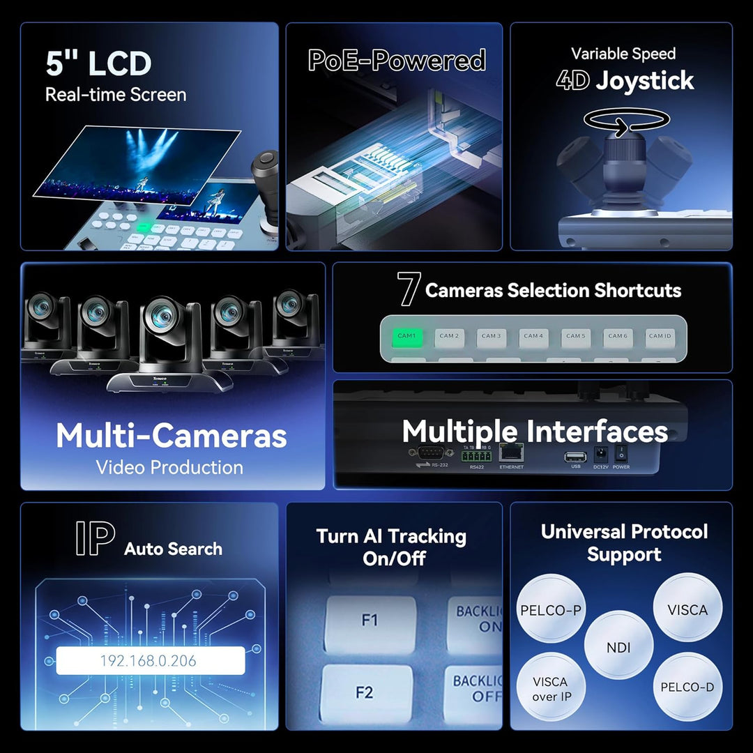 Tenveo 4K PTZ Kamera mit NDI &amp; AI-Tracking – 12x Optischer Zoom PTZ Controller mit Joystick, Unterst