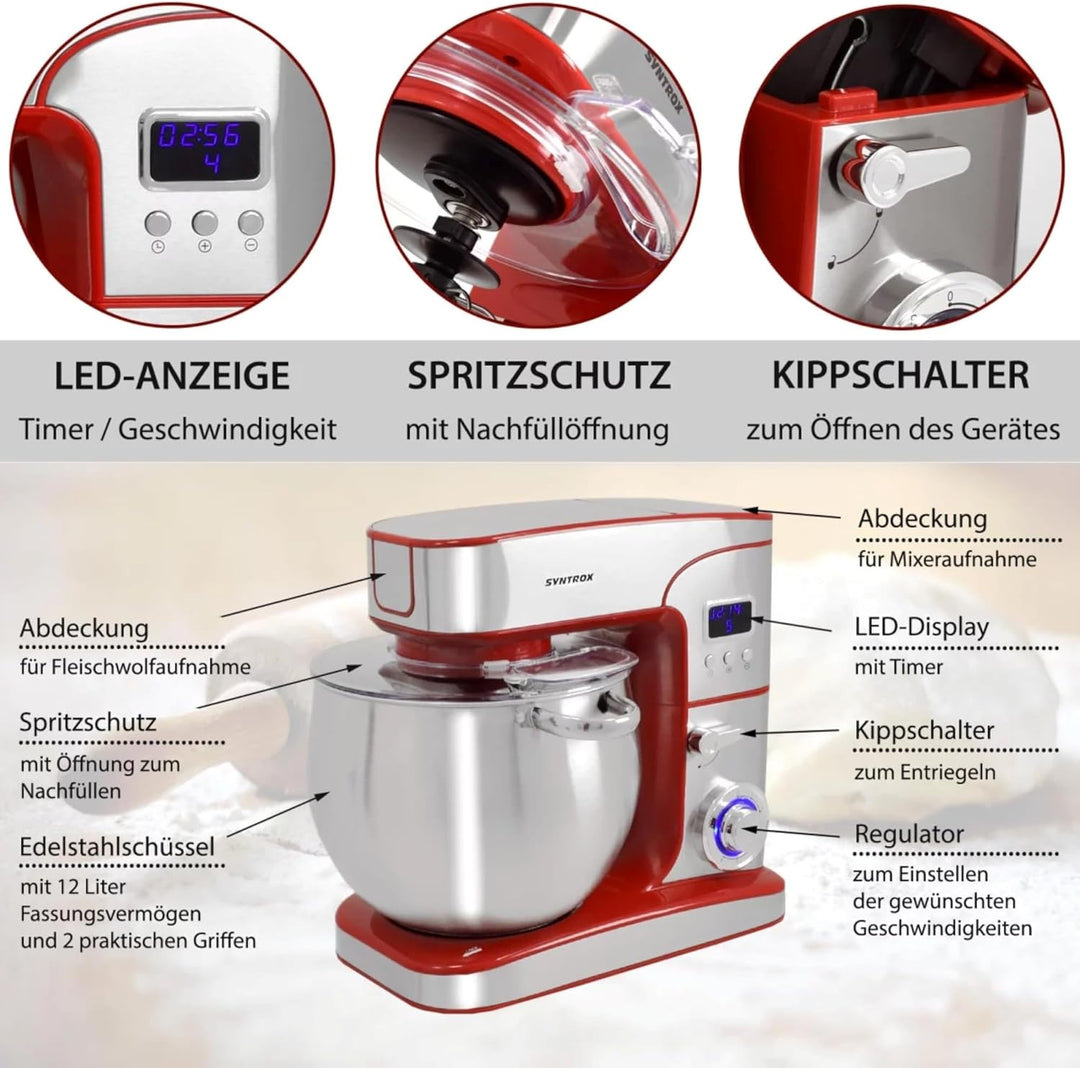 Syntrox Germany Küchenmaschine Snofru Edelstahl 12 Liter Küchengerät & Fleischwolf, Multi-Funktions-