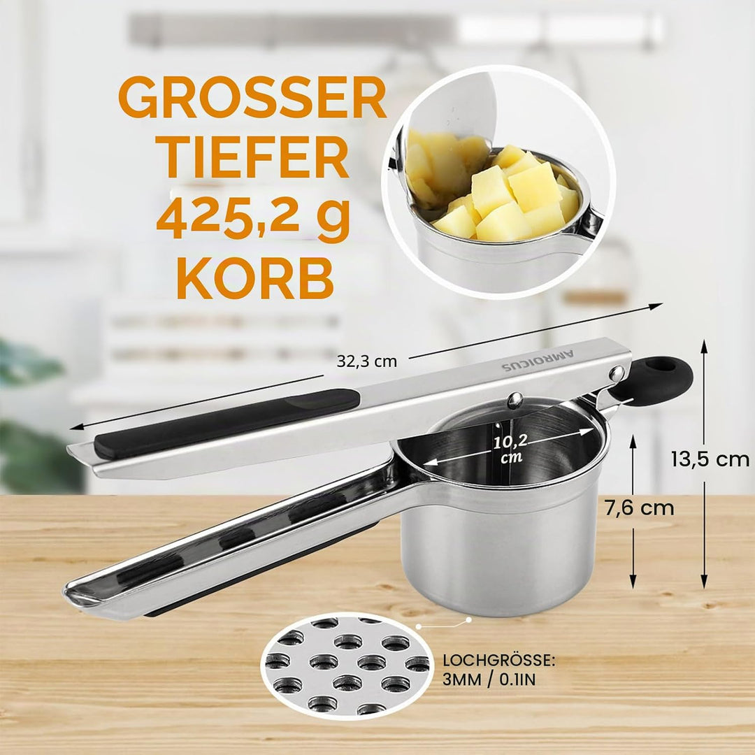 Kartoffelpresse aus Edelstahl 450 ml, robuster Kartoffelstampfer mit Feste Scheibe, Küchenhelfer für