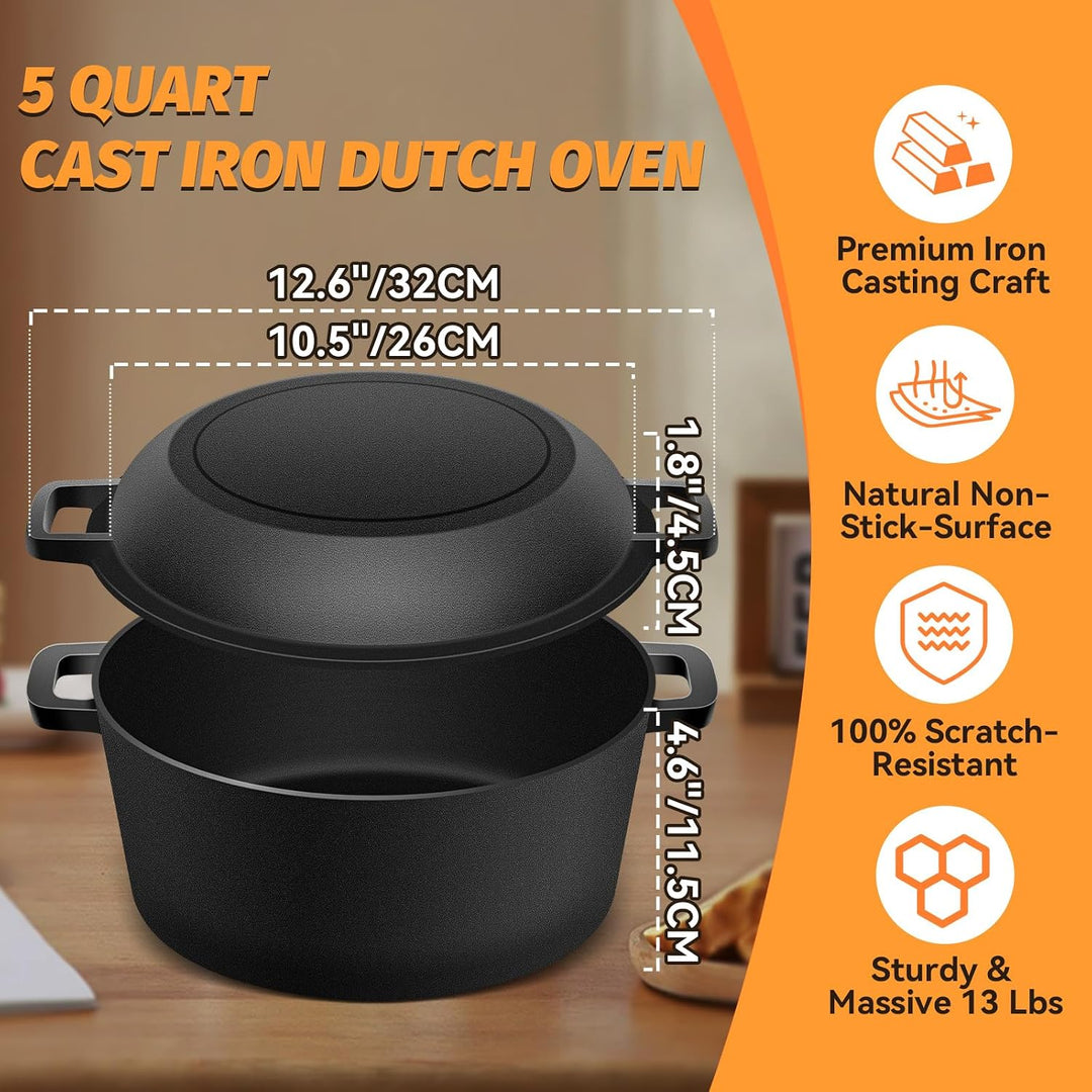 NZQXJXZ Gusseisen Topf Dutch Oven 26cm, Brotbacktopf mit Deckel zum Brotbacken, 2-in-1 Brotbackform