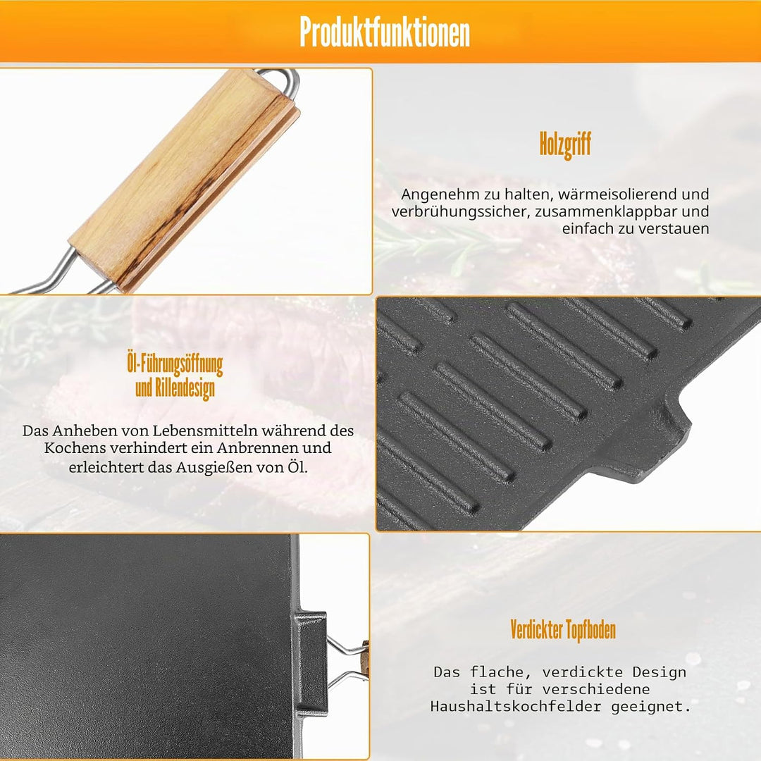 COZHEYSS Steakpfanne Gusseisen Grillpfanne Klappbarer Holzgriff, 24×24cm Grill Pan Induktion Viereck