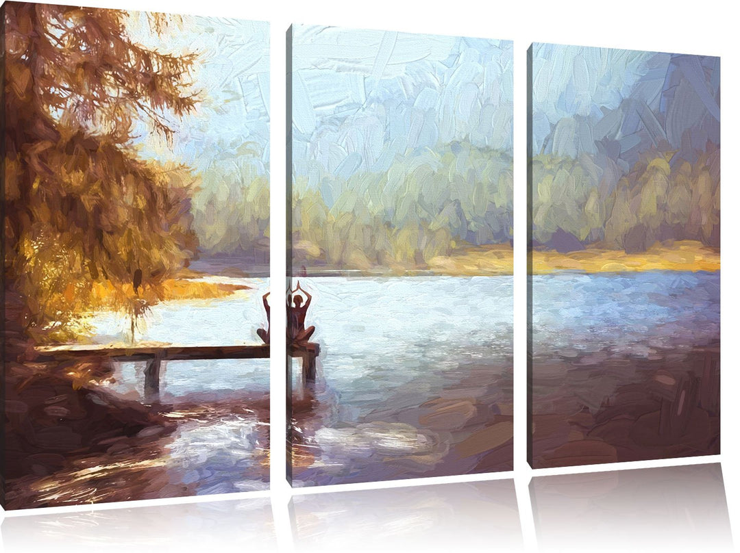 Pixxprint Yoga am See Kunst als Leinwandbild/Grösse: 3 Teilig (120x80) / Wandbild/Kunstdruck/fertig