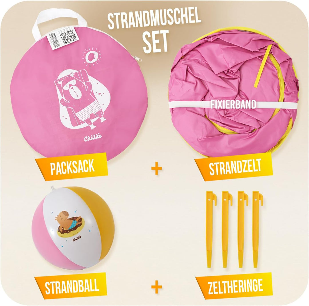 Chillife Strandmuschel Pop up Set I Tragbares Strandzelt mit UV Schutz und Windschutz Strand I Wasse