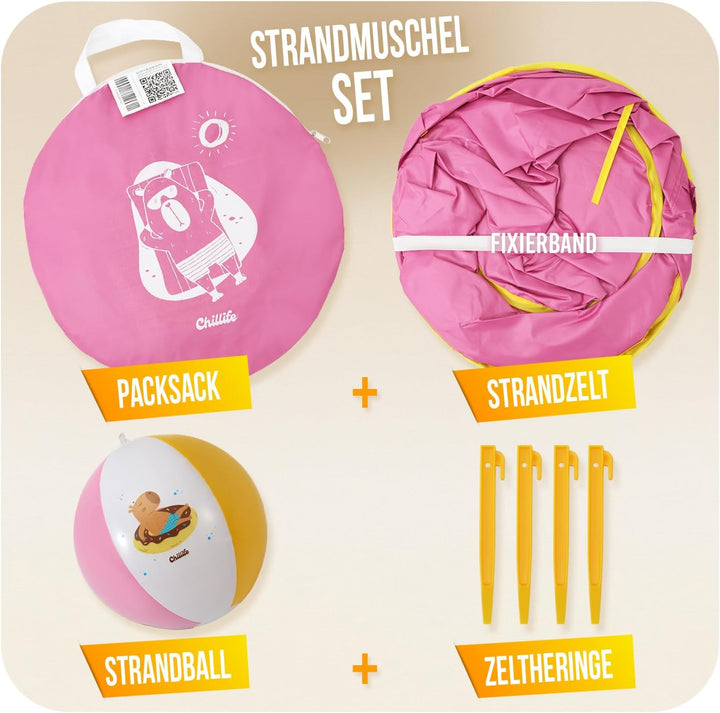 Chillife Strandmuschel Pop up Set I Tragbares Strandzelt mit UV Schutz und Windschutz Strand I Wasse