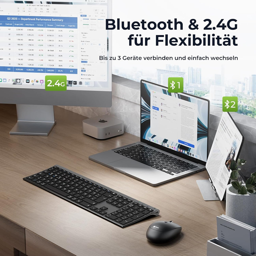 iClever Bluetooth Tastatur und Maus, Wiederaufladbare Dualmodus (Bluetooth 4.2+2.4G) Kabellose Tasta