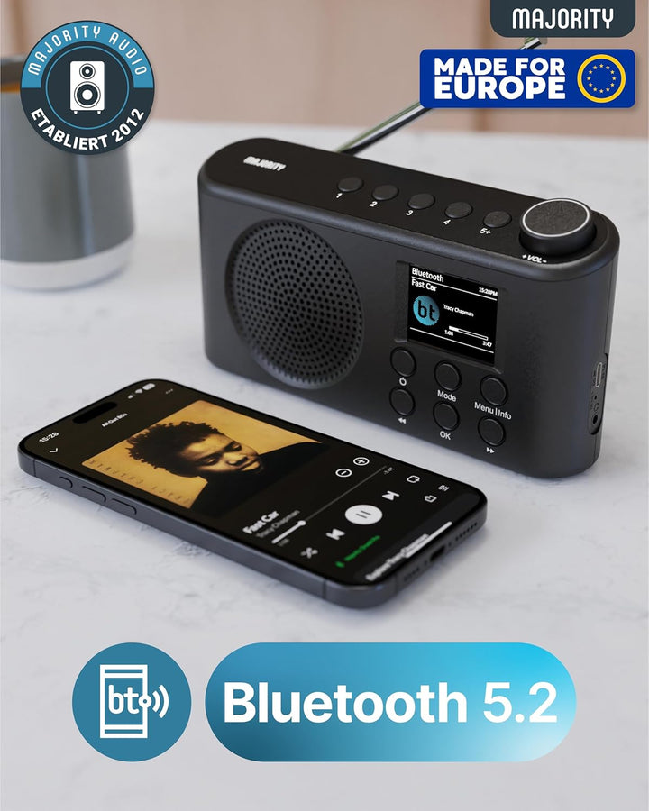 MAJORITY Orwell DAB+ Radio Tragbar | Bluetooth 5.2, UKW/FM, USB-C Akku, 12 Std Wiedergabe | LED-Disp