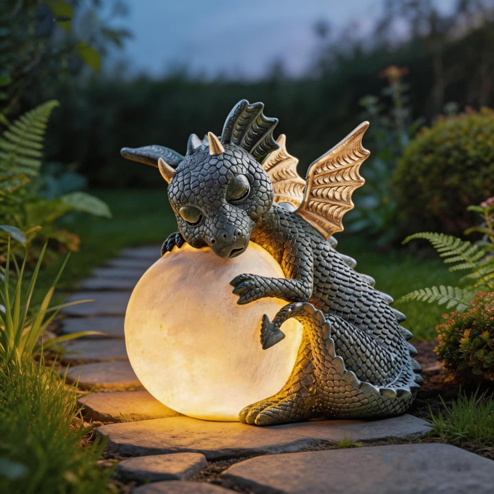 Dekofigur Drache mit Rundes Licht, Drachen Figuren Gartendeko für Draussen, Deko Drache Gartendrache