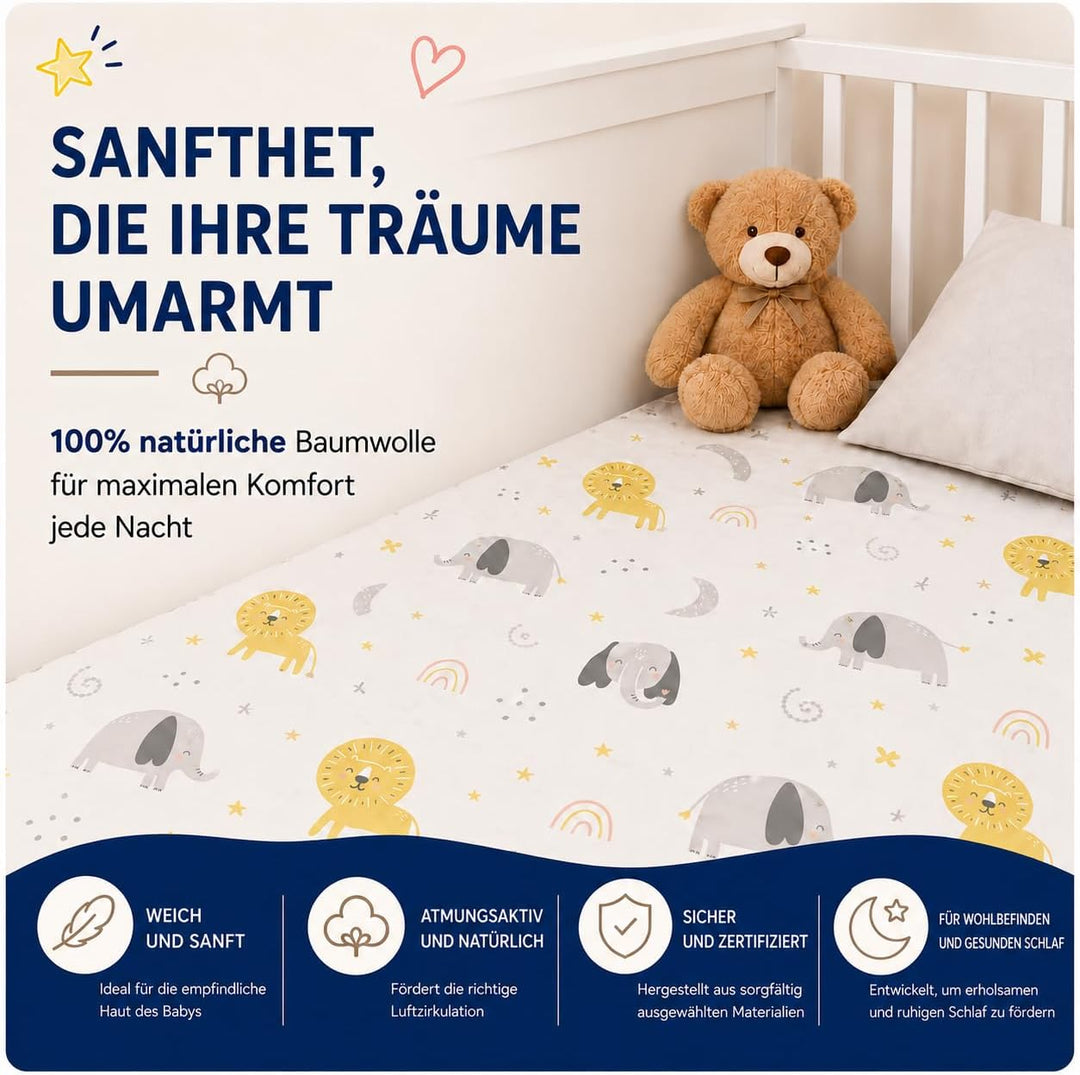 FlyIdeas Spannbettlaken 80x160 cm fur Babybett, 2 STK. - 2 Spannbettlaken 100% Baumwolle Zertif. Mit