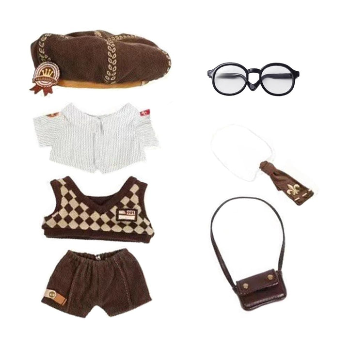niannyyhouse 20 cm Plüschpuppe, Kleidung, Hut, Hemd, Weste, Hose, Krawatte, Rucksack, Brille, Briefb
