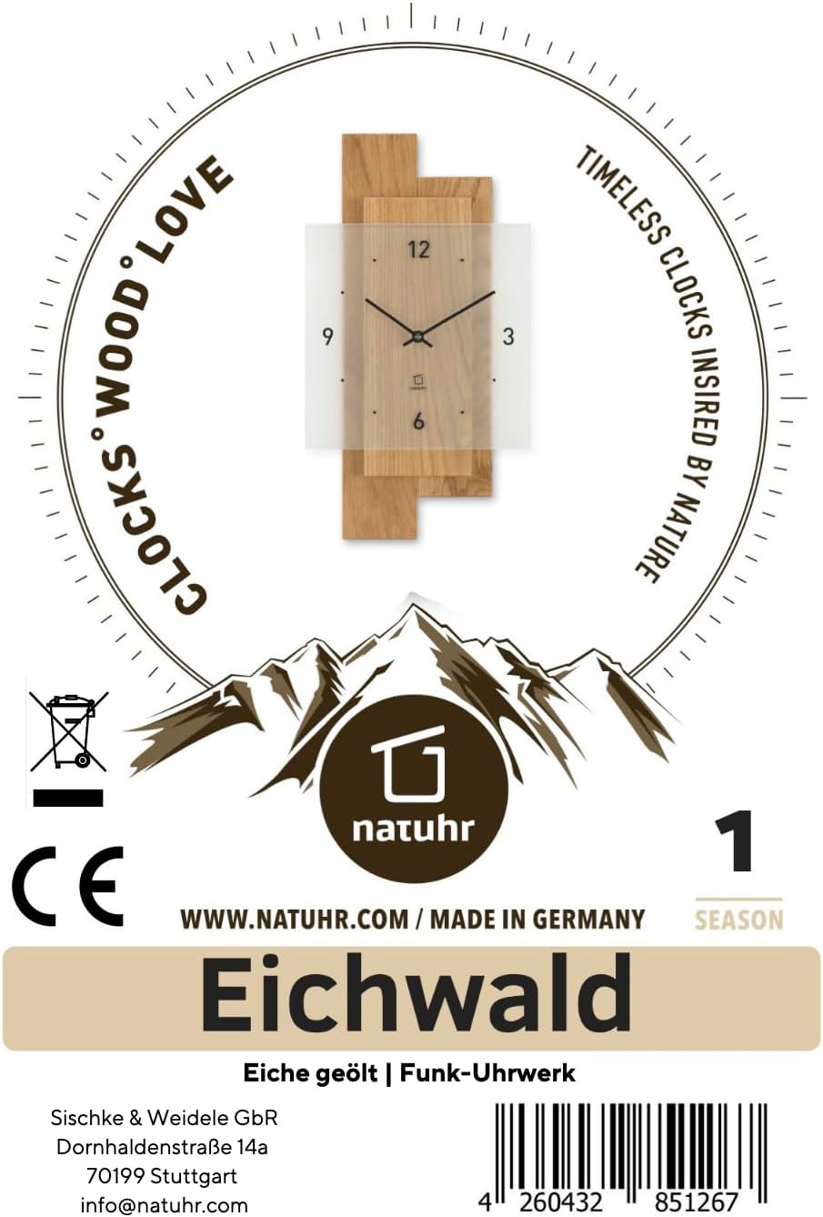 Funkuhr Wanduhr Holz Eichwald Massivholz Eiche Mineralglas (Eiche geölt Funk) Wanduhr Eiche Geölt Fu