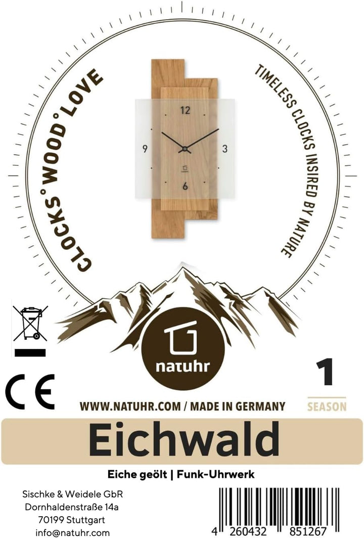 Funkuhr Wanduhr Holz Eichwald Massivholz Eiche Mineralglas (Eiche geölt Funk) Wanduhr Eiche Geölt Fu