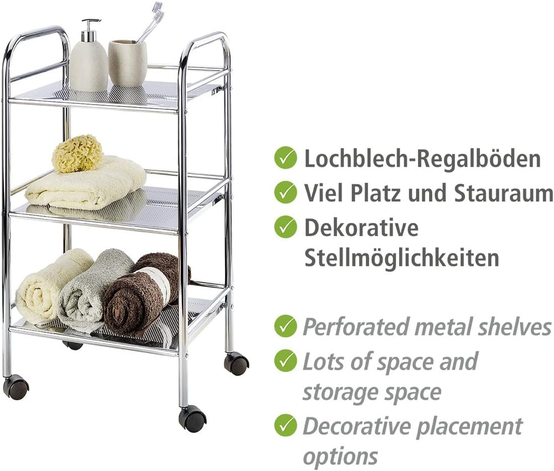 WENKO Rollwagen Exclusiv mit 3 Ablagen, rollbarer Küchenwagen aus verchromtem Stahl, 41 x 75 x 32 cm