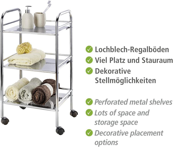 WENKO Rollwagen Exclusiv mit 3 Ablagen, rollbarer Küchenwagen aus verchromtem Stahl, 41 x 75 x 32 cm