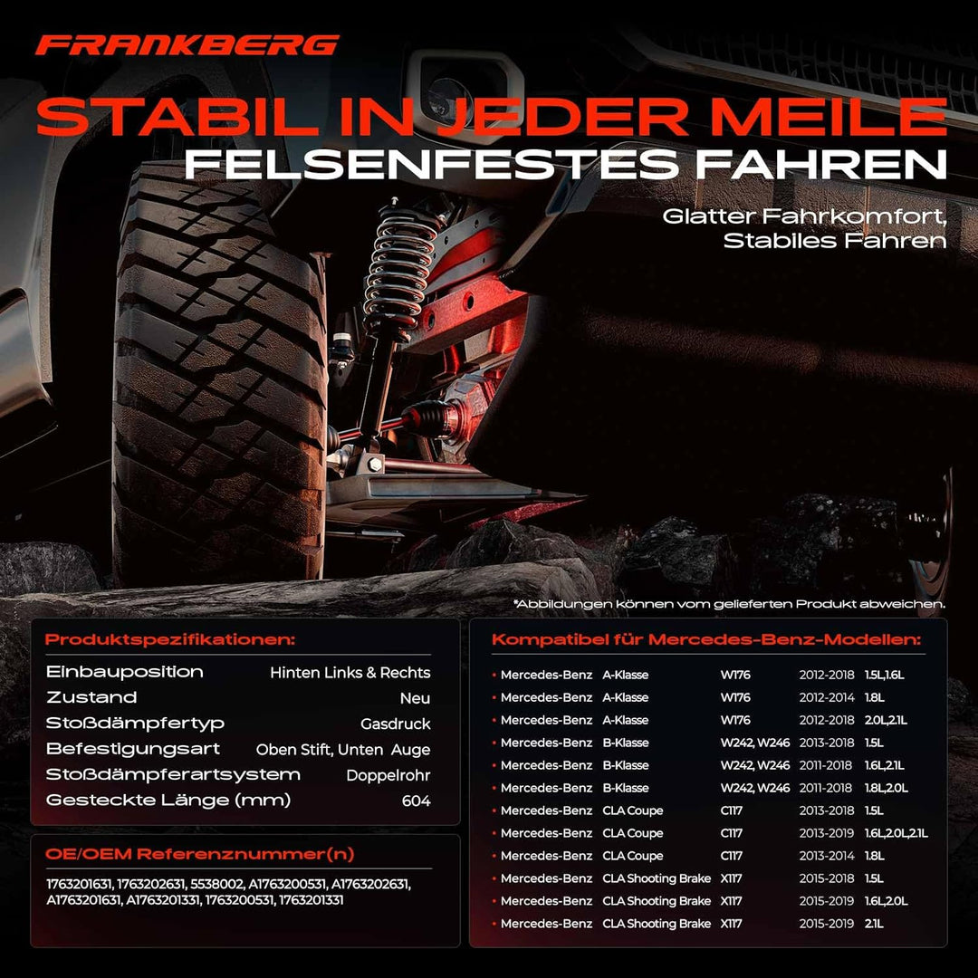 Frankberg 2x Stossdämpfer Gasdruck Hinten Kompatibel mit A-Klasse W176 A160 A180 A200 A220 A250 2012