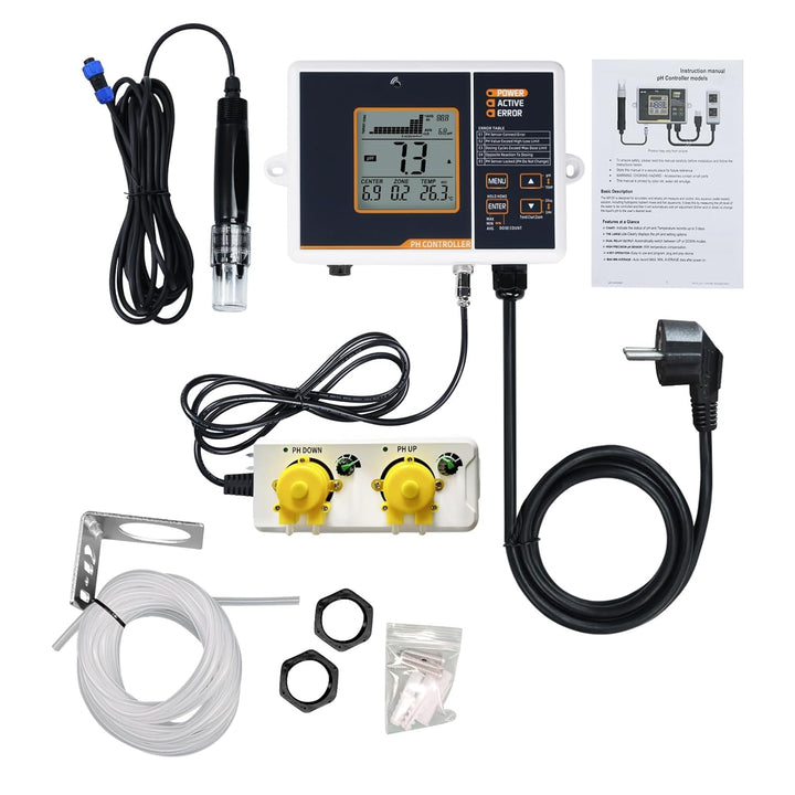 pH-Regler mit Temperaturkompensation, einstellbarer pH-Regelbereich von 4,5 bis 8,5 pH, doppelte Rel