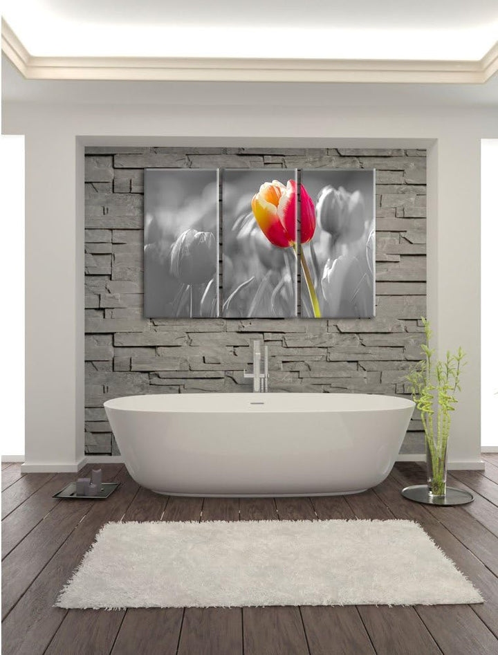 Pixxprint Blühende rote Tulpen als Leinwandbild/Grösse: 3 Teilig (120x80) cm/Wandbild/Kunstdruck/fer