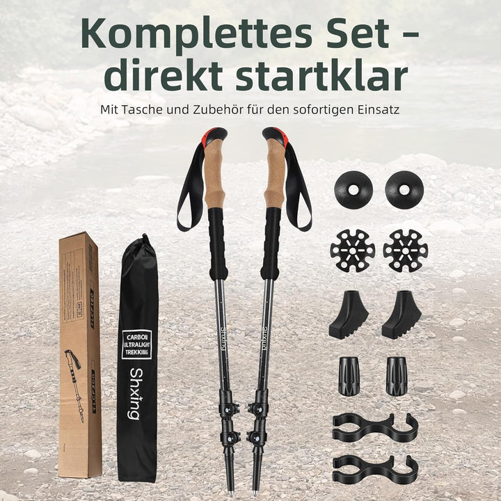 Teleskop-Wanderstöcke Carbon 2er Set, 200 g pro Stock, 62–135 cm verstellbar, leicht & stabil, Korkg