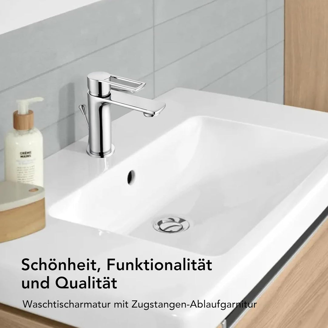 Wasserhahn Bad mit Zugstange, Einhebel-Waschtischarmatur mit Ablaufgarnitur, Chrom Einhandmischer Wa