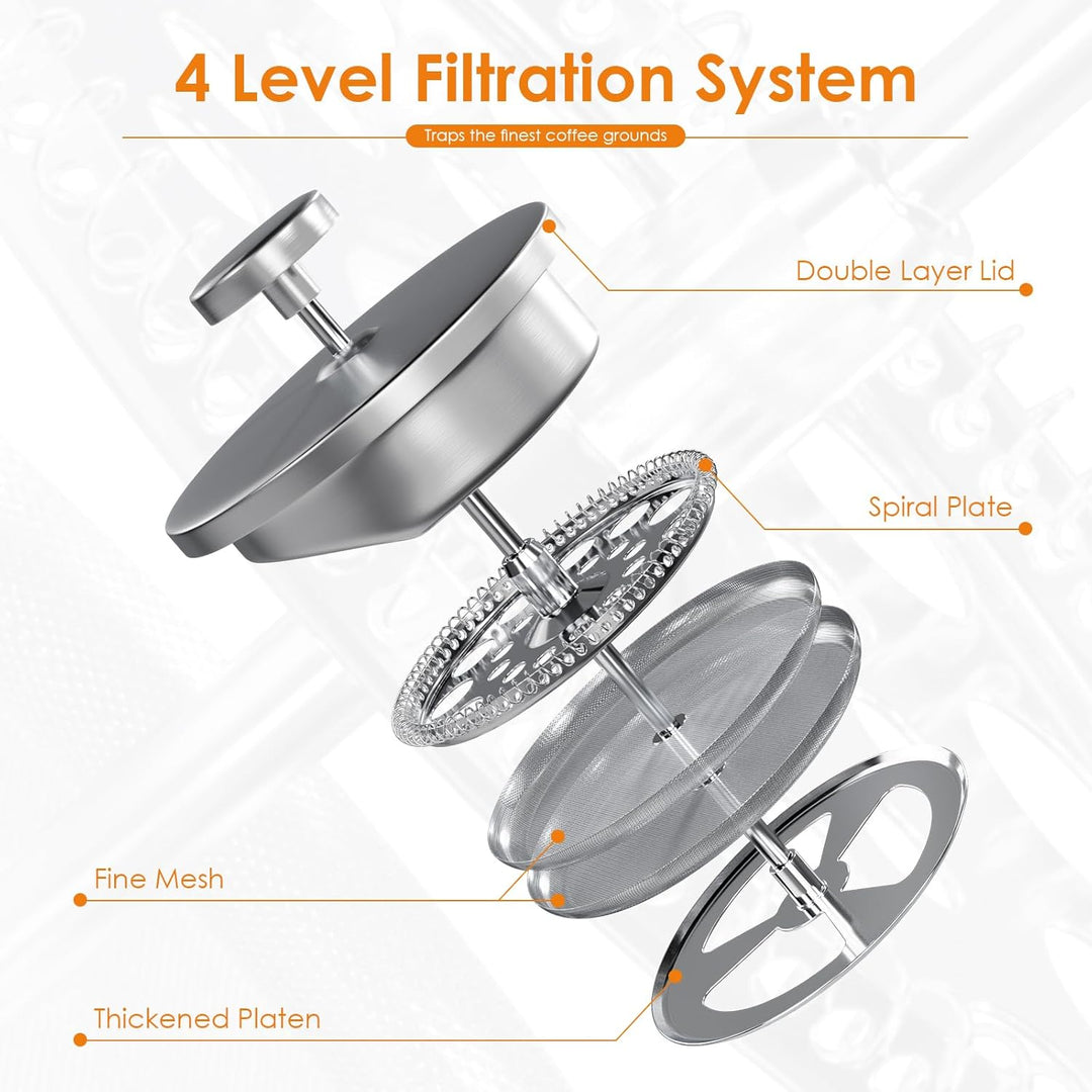Enfmay French Press, Edelstahl Kaffeebereiter French Press 1L mit 4-Lagigem Filtersystem, Doppelwand