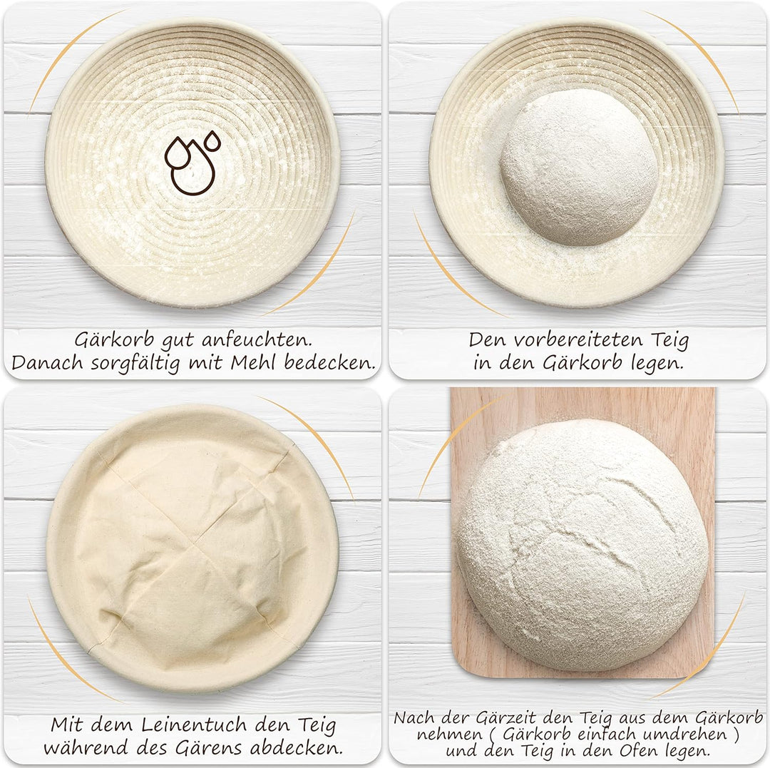 Exitoso Gärkörbchen rund 1kg aus Peddigrohr Ø25cm - Beige inkl. (E-Book Rezept, Leinentuch) - Brot b