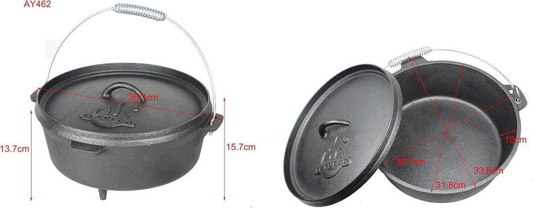Dutch Oven von EL Fuego® neues Modell, inkl. Deckelheber/Schürhaken, mit Transportbügel, Schmortopf,