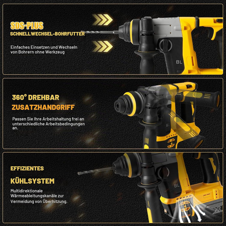 1250W Akku Kombihammer und Bohrlöcher 2-in-1 kompatibel mit DeWalt 20V Akku(ohne Akku),22 mm Bürsten