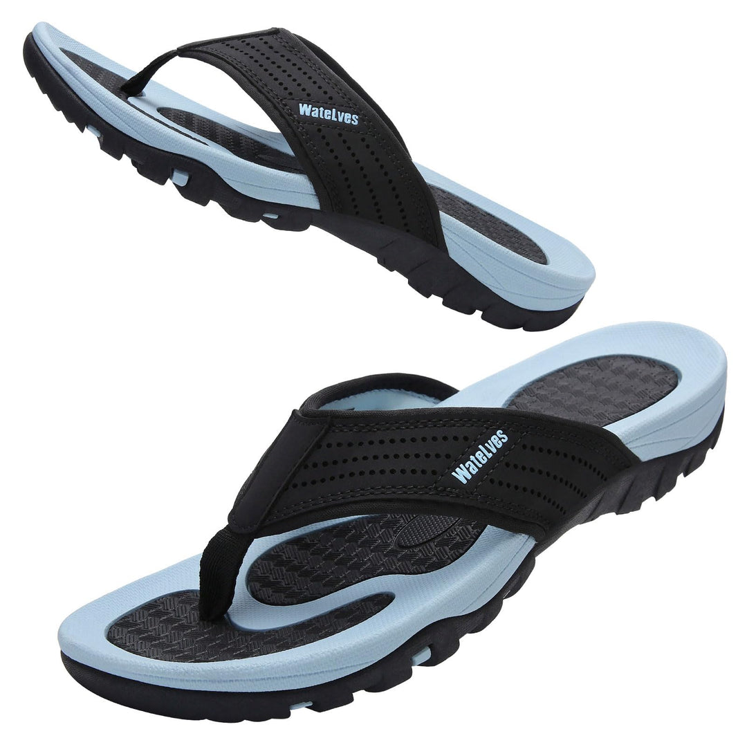 WateLves Herren Flip Flops Zehentrenner Leder mit Arch Support Sandalen Weich Leder Stoff Badelatsch