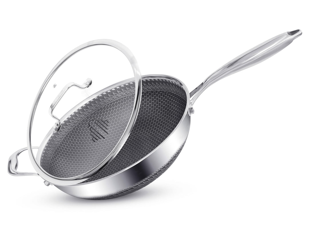 INTIGNIS Edelstahl Wokpfanne mit Deckel 4L, 28 cm – Honeycomb Hybrid Oberfläche, Induktion & Ofenfes