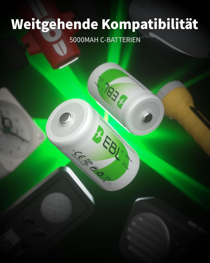 EBL Baby C Akku 5000mAh - NI-MH wiederaufladbare Batterie 4er Pack mit Aufbewahrungsbox, 1,2V Typ C