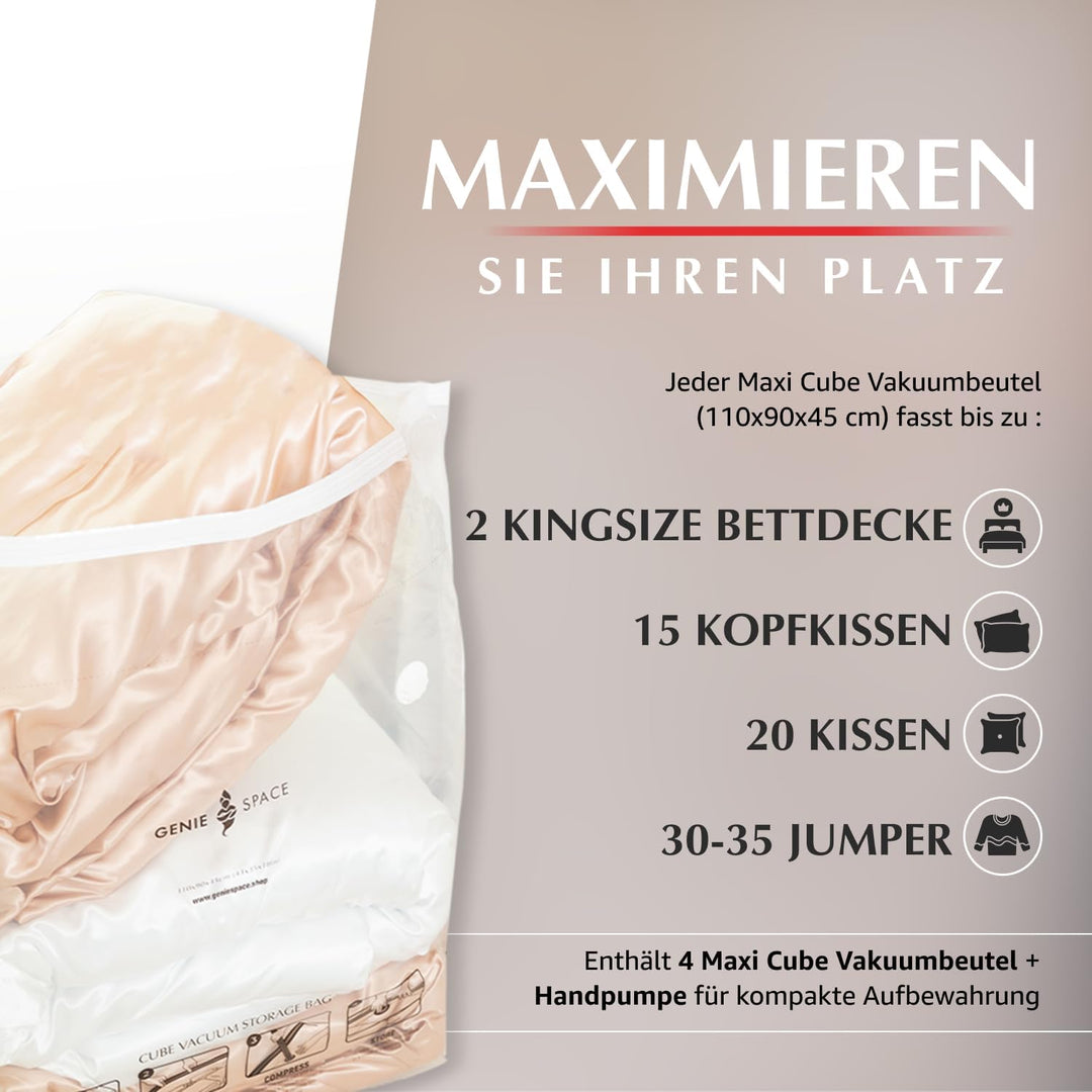 GENIE SPACE Vakuumbeutel - 4er Pack, Maxi Grösse 110x90x45cm | Starke XXL Jumbo Packwürfel | Luftdic
