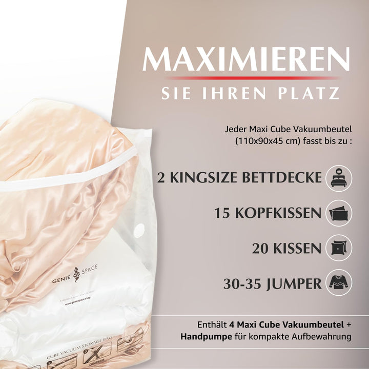 GENIE SPACE Vakuumbeutel - 4er Pack, Maxi Grösse 110x90x45cm | Starke XXL Jumbo Packwürfel | Luftdic
