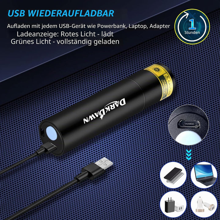 DARKDAWN UV Taschenlampe 365nm Licht, Schwarzlicht Mini Wiederaufladbar, Woodsche Lampe Tragbare LED