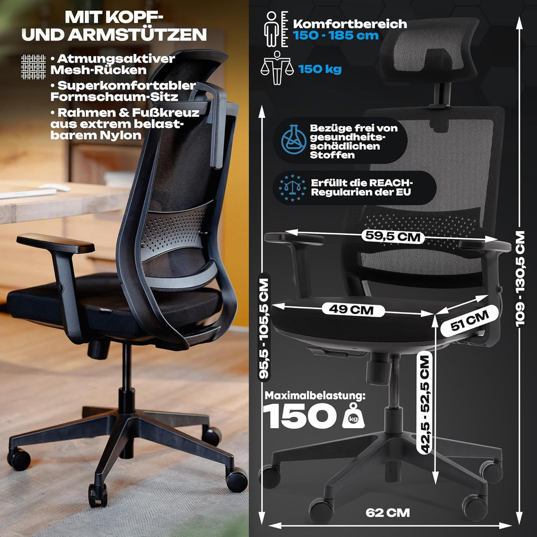 VALKENSTOL M2 Ergonomischer Bürostuhl 150 kg Schreibtischstuhl Ergonomisch [Max Bewegungsfreiheit] B