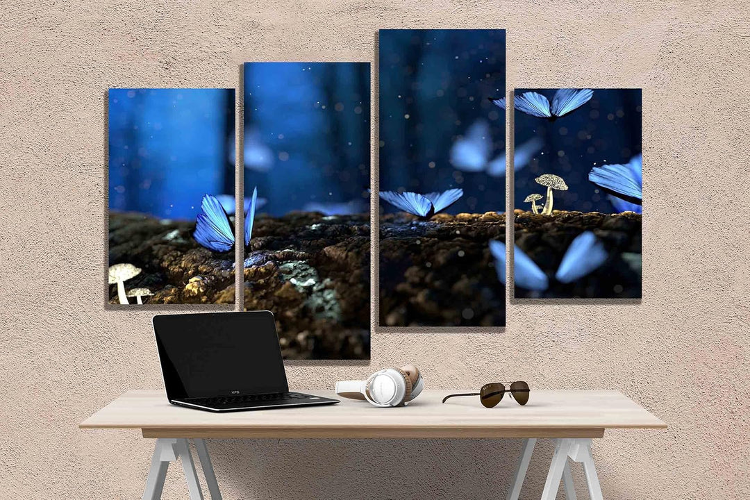 Kunstdruck auf Leinwand, Motiv blaue Schmetterlinge im Wald, fertig zum Aufhängen, 89 x 56 cm 89cm x