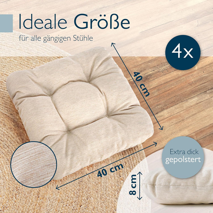 Beautissu 4er Set Premium Stuhlkissen 40x40 cm Natur – UV-beständig &amp; Robust Sitzkissen Outdoor 8 cm