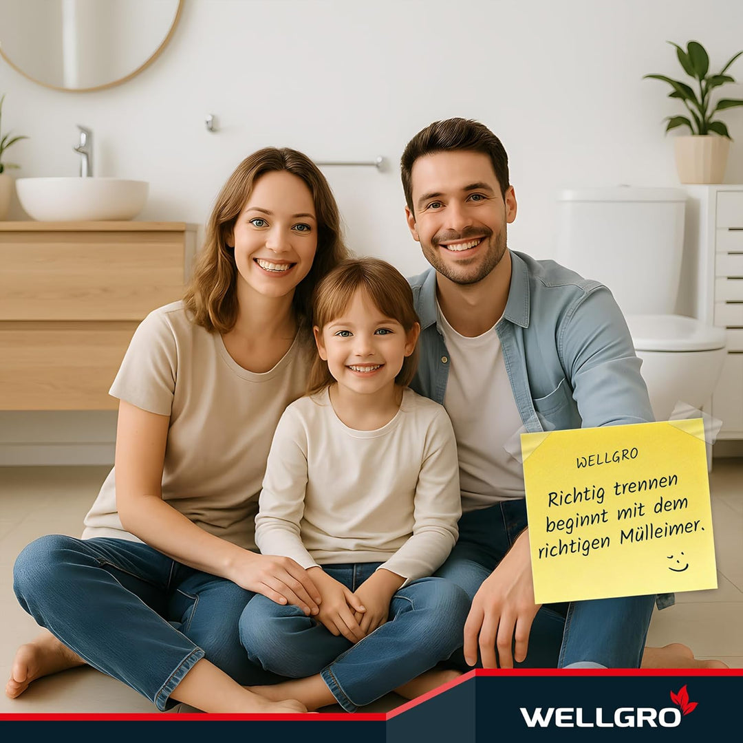 WELLGRO Mülleimer Küche 30 Liter – Edelstahl Treteimer 2x15 Liter schwarz mit Softclose-Deckel, Müll