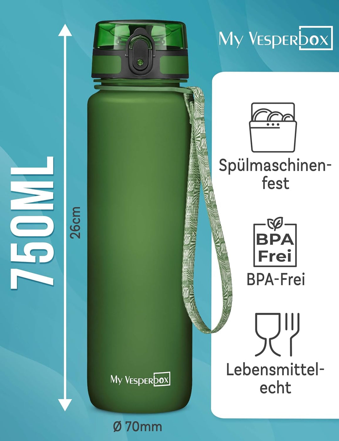My Vesperbox® Trinkflasche Kinder [750ML] - Wasserflasche Kohlensäure Geeignet & Auslaufsicher - Wat