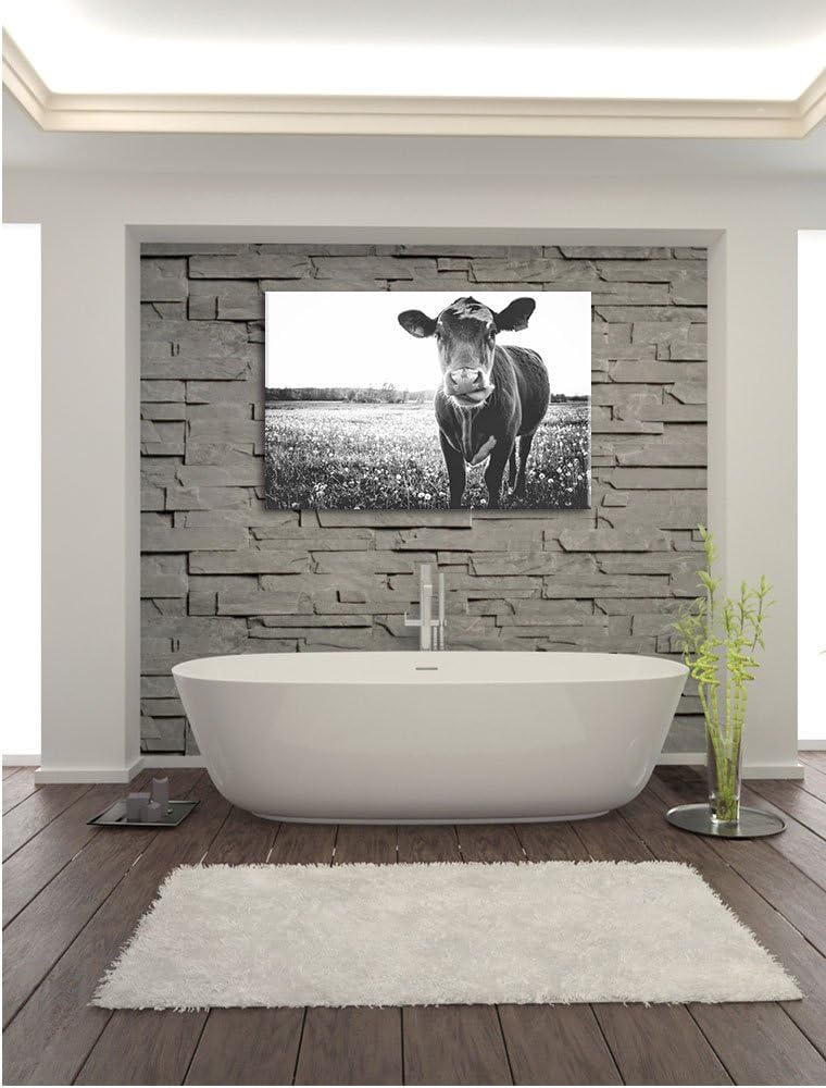 Pixxprint Einzelne Kuh auf Butterblumenwiese in der Abendsonne Kunst B&W, Format: 100x70 auf Leinwan