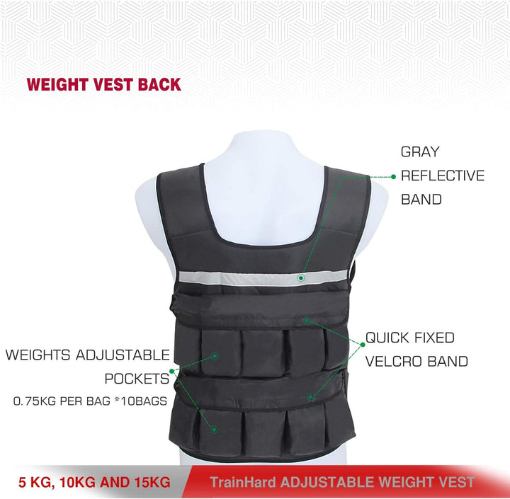 TrainHard 5 kg / 10 kg / 15 kg Verstellbare Gewichtsweste, Trainingsweste für Krafttraining, Laufen,