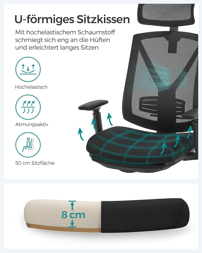 SONGMICS Bürostuhl mit Fussstütze, Ergonomischer Schreibtischstuhl mit Lordosenstütze, verstellbare