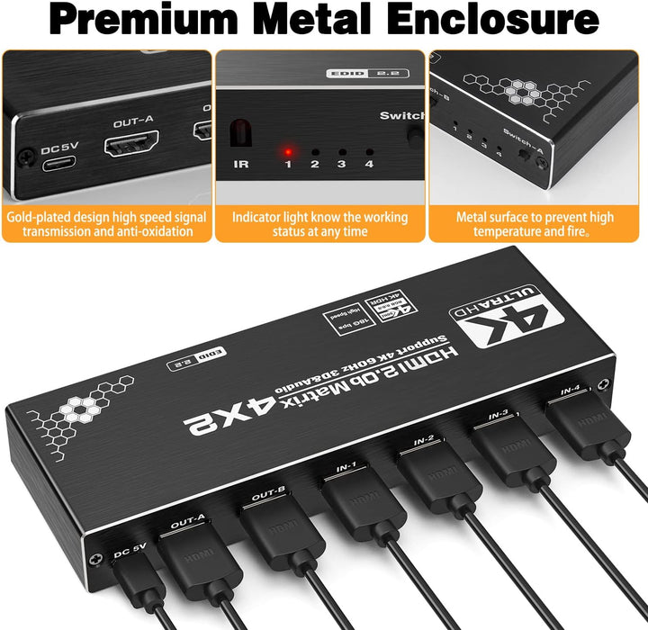 HDMI Matrix 4x2 - Tendak 4 In 2 Out HDMI Switch Matrix 4K@60Hz HDMI Splitter Umschalter + Optisch SP