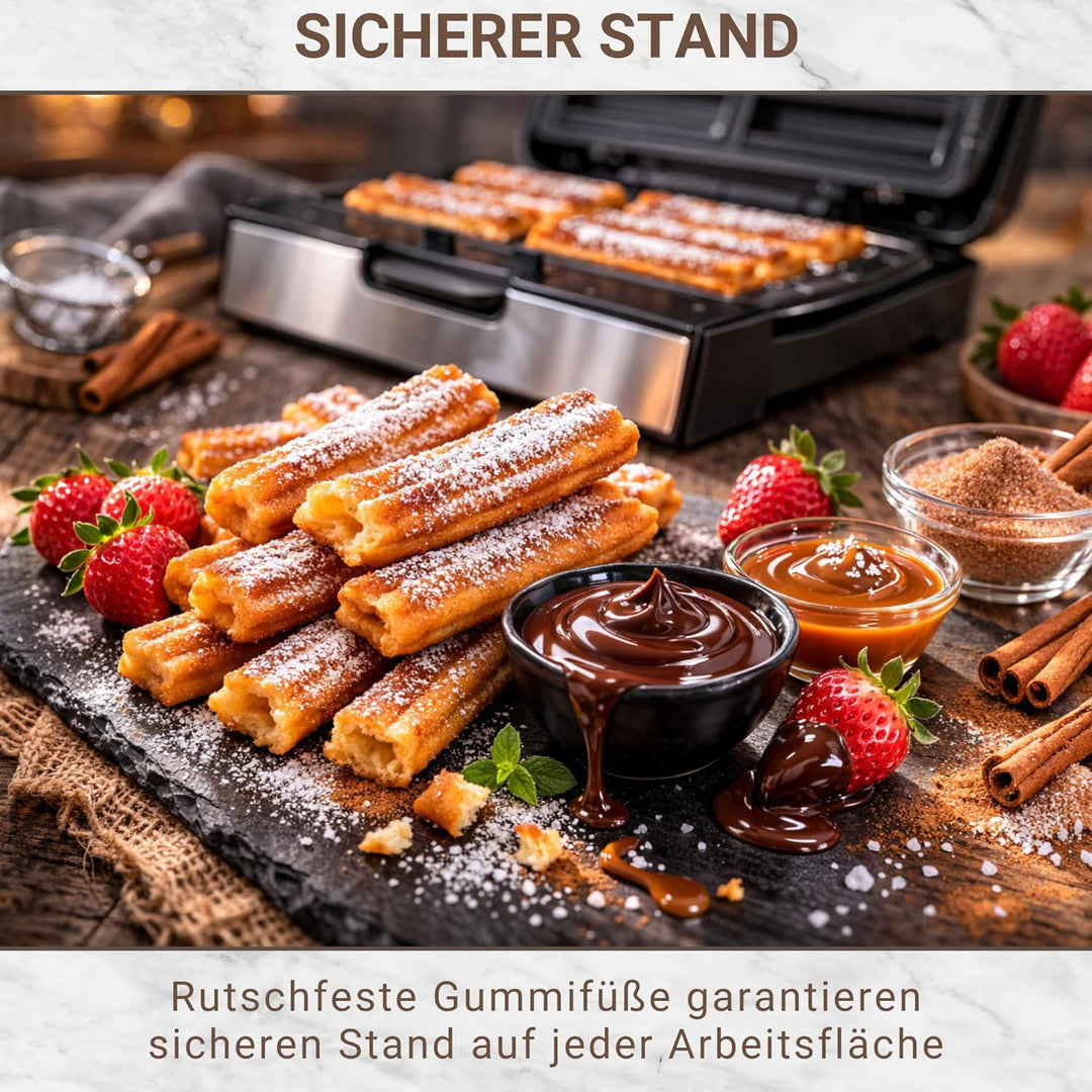 Syntrox Churros Maker mit Wechselplatten, Edelstahl, schnelles Aufheizen, Antihaftbeschichtet, versc